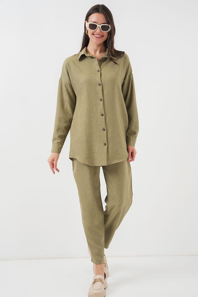 Linnenmix Lange Mouwen Shirt en Broek Set