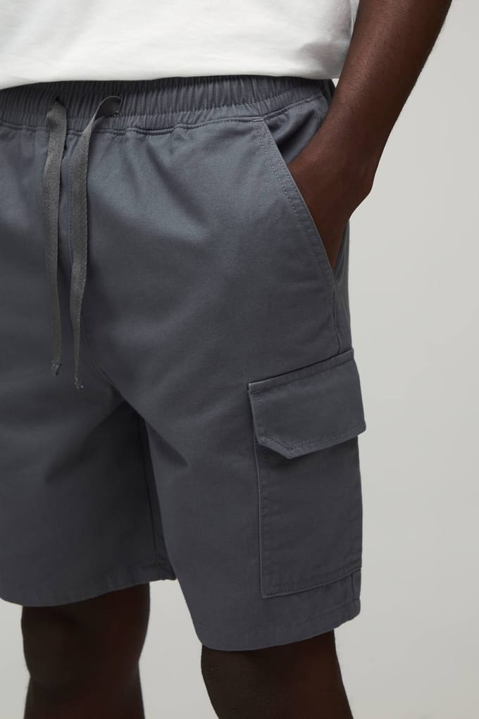 Essentiële Slim Fit Elastische Middellange Twill Cargo Shorts | Grey | Size Medium