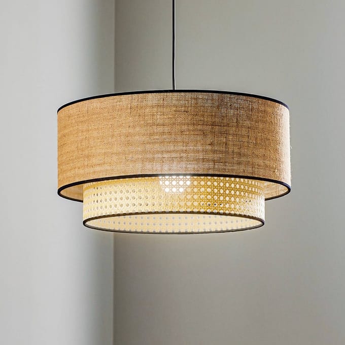 Duolla Boho-hanglamp, bruin/hout, Ø 45 cm, textiel/rotan