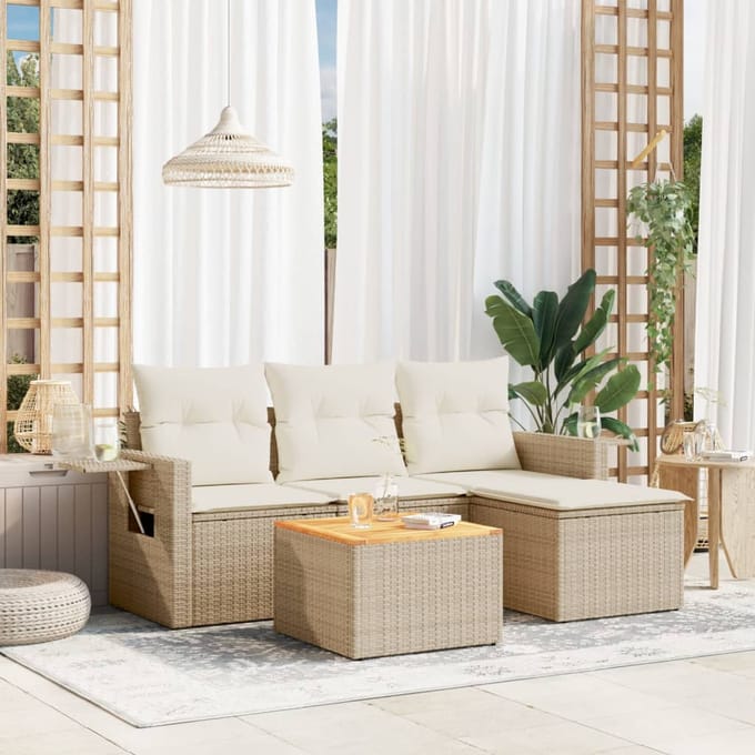 vidaXL - 5-delige - Loungeset - met - kussens - poly - rattan - beige