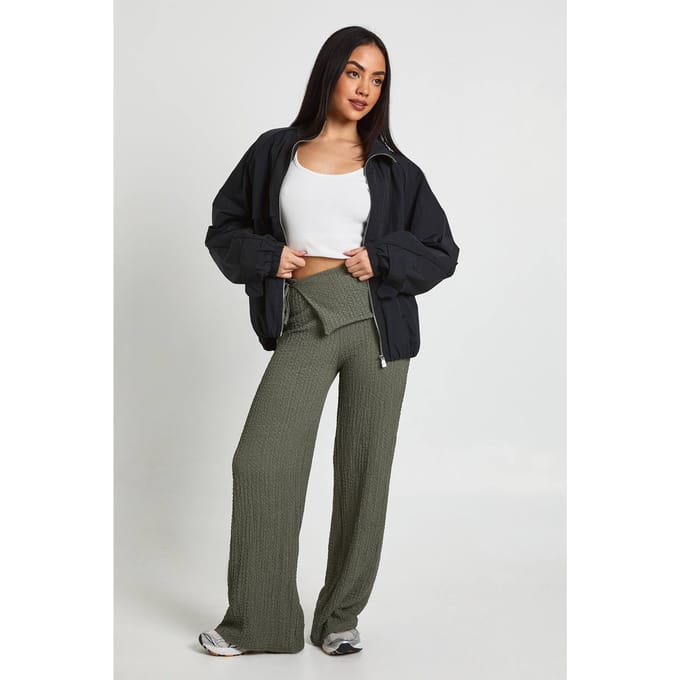 boohoo Dames Gestructureerde broek met gebonden taille en rechte pijpen | Khaki | Maat: 8