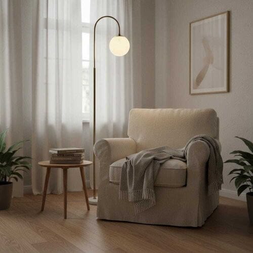 LUSENZ Sereno - Staande lamp Messing - Marmeren voet - 160 cm - Woonkamer lamp - Modern design - E27 fitting - Albast glas - Met voetschakelaar