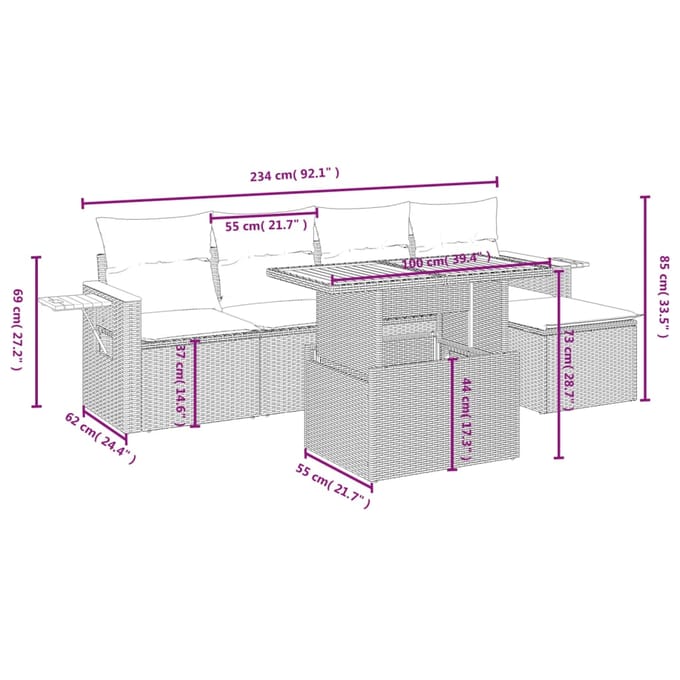 vidaXL - 6-delige - Loungeset - met - kussens - poly - rattan - beige