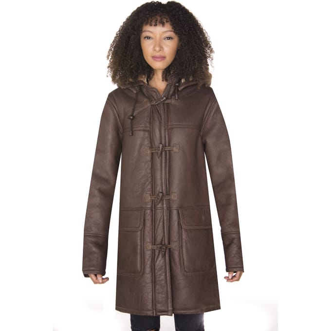 Dames bruine schapenvacht leren duffelcoat met capuchon-Charlotte