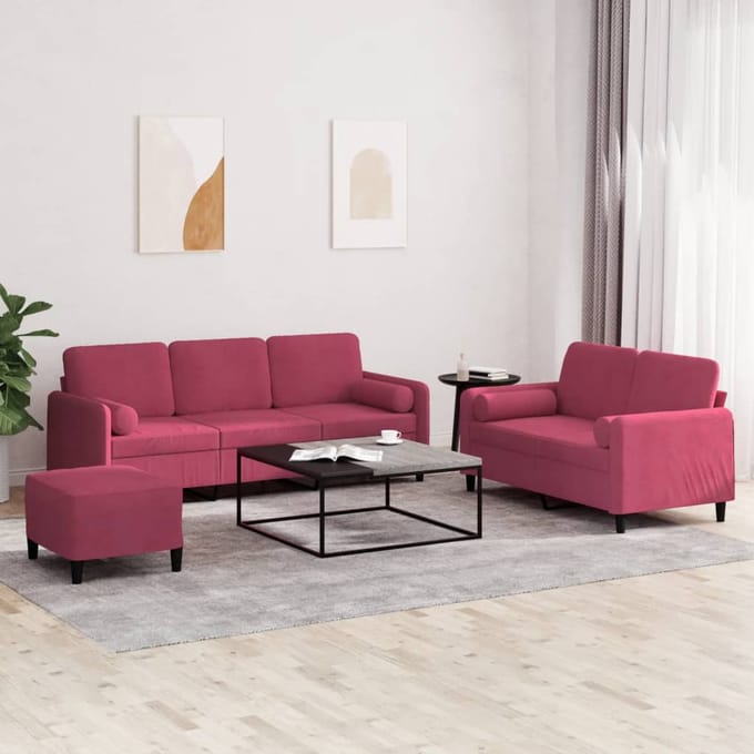 vidaXL - 3-delige - Loungeset - met - kussens - fluweel - wijnrood