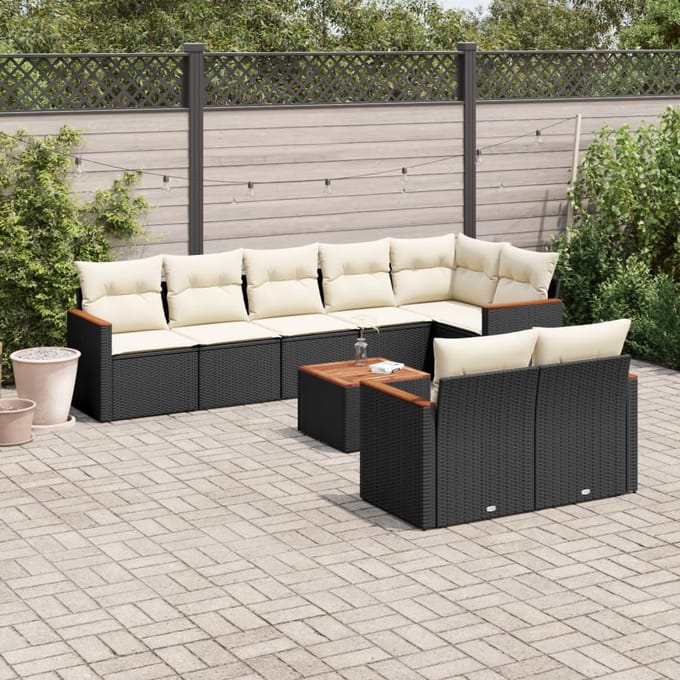 vidaXL - 9-delige - Loungeset - met - kussens - poly - rattan - zwart