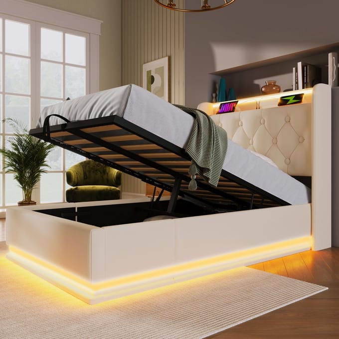 REDOM Bedframe 90x200 cm – PU wit – Met 360° LED, hydraulische opbergruimte & getuft hoofdeinde