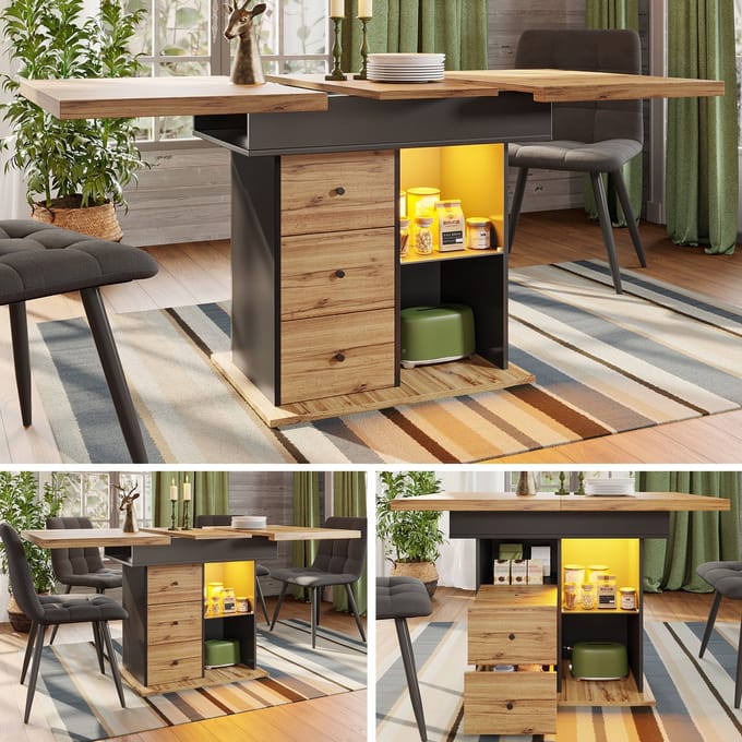 Eettafel - 110-140×80 cm - Uitschuifbare Teleskoptisch Voor 4-6 Personen - Klapbaar & LED-Verlichting - MDF - Wit
