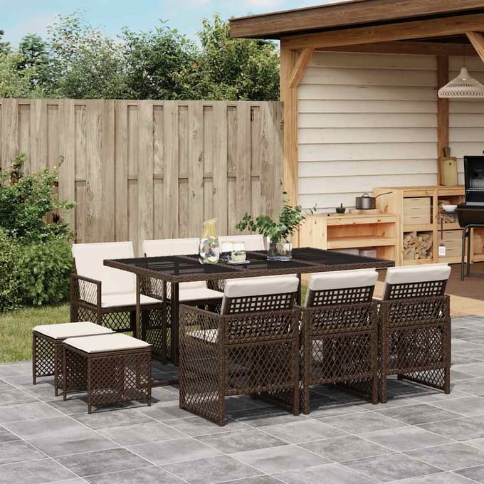 vidaXL - 11-delige - Tuinset - met - kussens - poly - rattan - bruin
