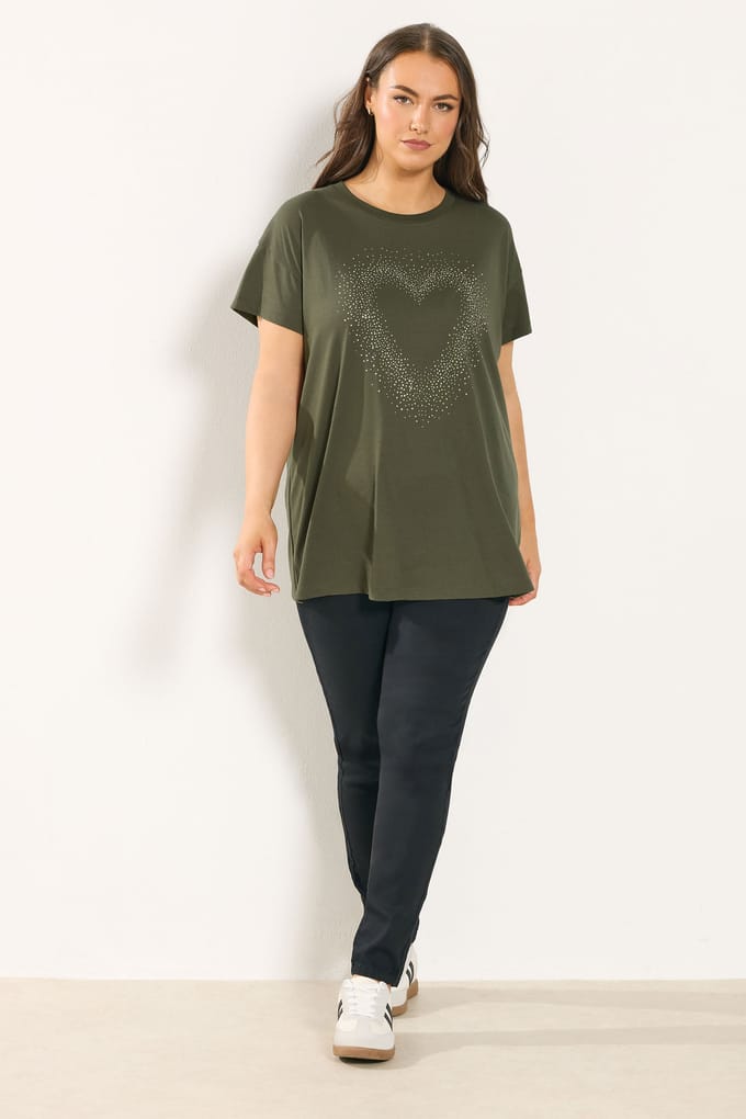 Yours Kakigroen Tshirt Met Hart Met Studs Size 50-52