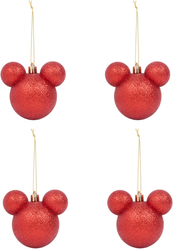Kerstballen Mickey Mouse - Rood - Glitter - 4 stuks