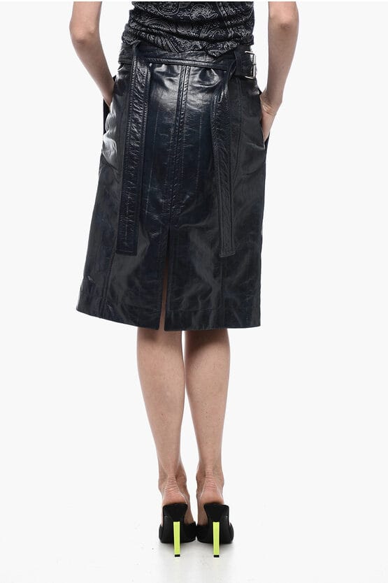 Leren A-lijn rok met riem in blauw