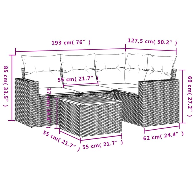 vidaXL - 5-delige - Loungeset - met - kussens - poly - rattan - beige