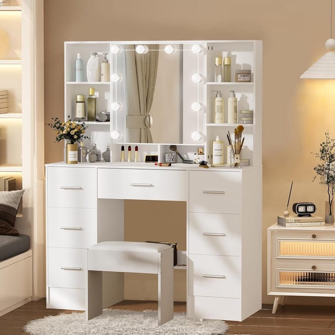 Grote Make-uptafel met Spiegel, Verlichting en Kruk