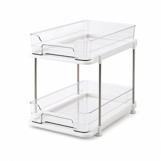 JustValue Stapelbare Organizer - 2 Uitschuifbare Transparante Lades - Organizer - Kast - Badkamer - Keuken - Wit - 29 x 20 x 28 cm