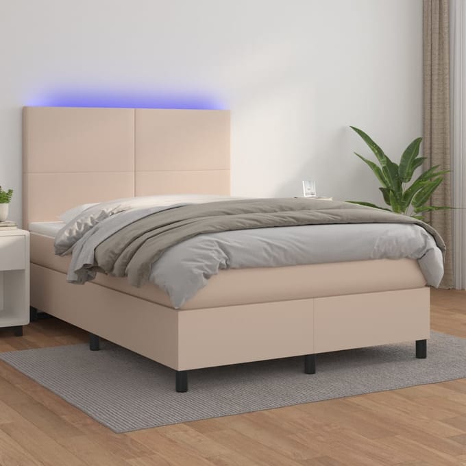 vidaXL - Boxspring - met - matras - en - LED - kunstleer - cappuccinokleur - 140x200cm