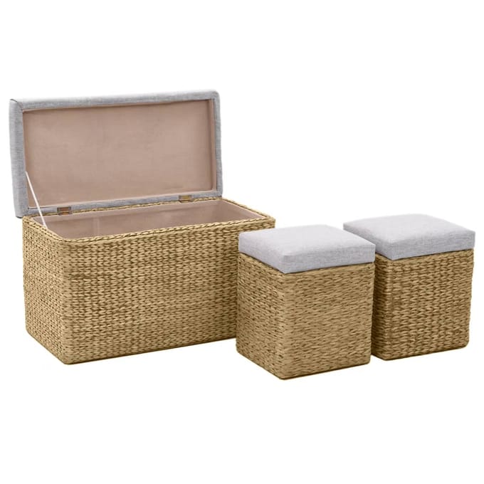 vidaXL - Bankje - met - 2 - poefs - zeegras - grijs