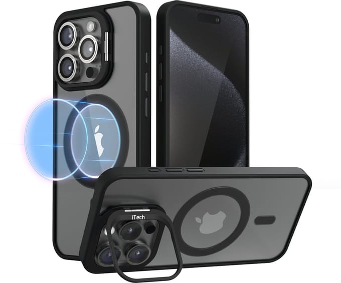 Hoesje geschikt voor iPhone 16 Pro Max Transparant MagSafe – 2 in 1 set - Zwart + 2 Camera Protector – Met Telefoonstandaard