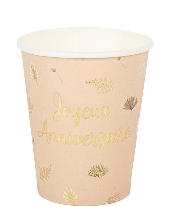 ARTYFETES - 8 Boho Blush en Goud Happy Birthday Bekers 255 ml van karton
