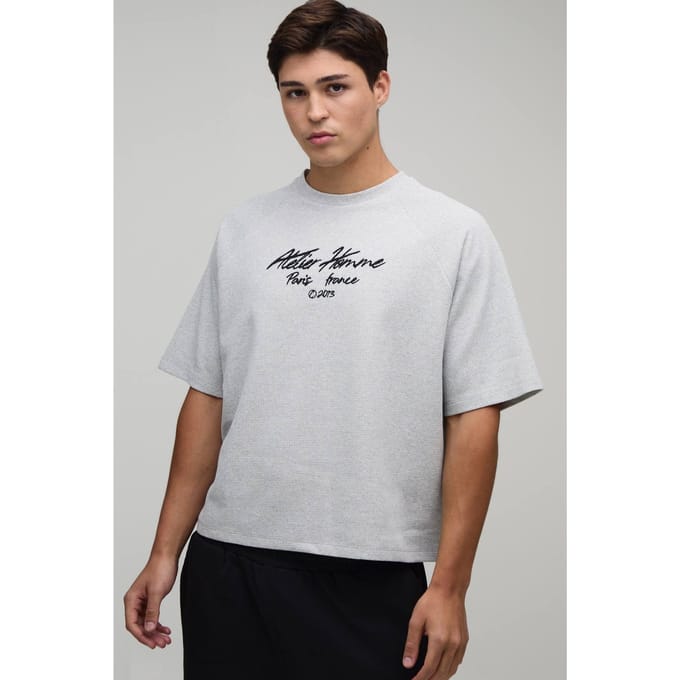 Oversized Embroidered Waffle Raglan T-Shirt | Grey | Size Small