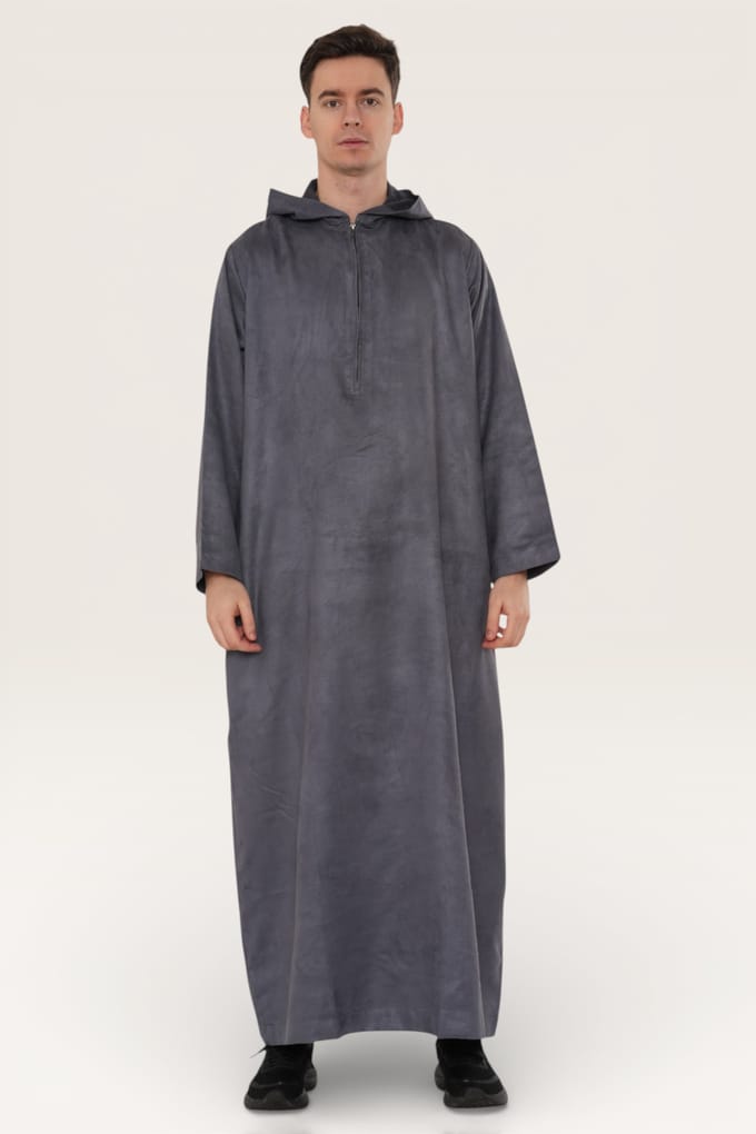 Heren grijze Eid Marokkaanse Jubba Robe Ramadan Eid Thobe LFS met capuchon - HM12
