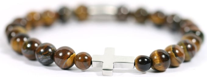 Heren armband RVS kruis edelsteen tijgeroog kralen - IbizaMen -20cm
