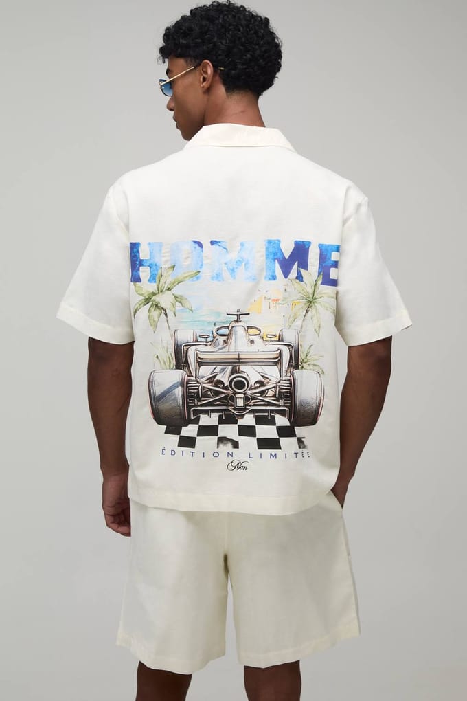 Homme Racing Back Print Oversized Shirt & Short Set | Ecru | Size Medium