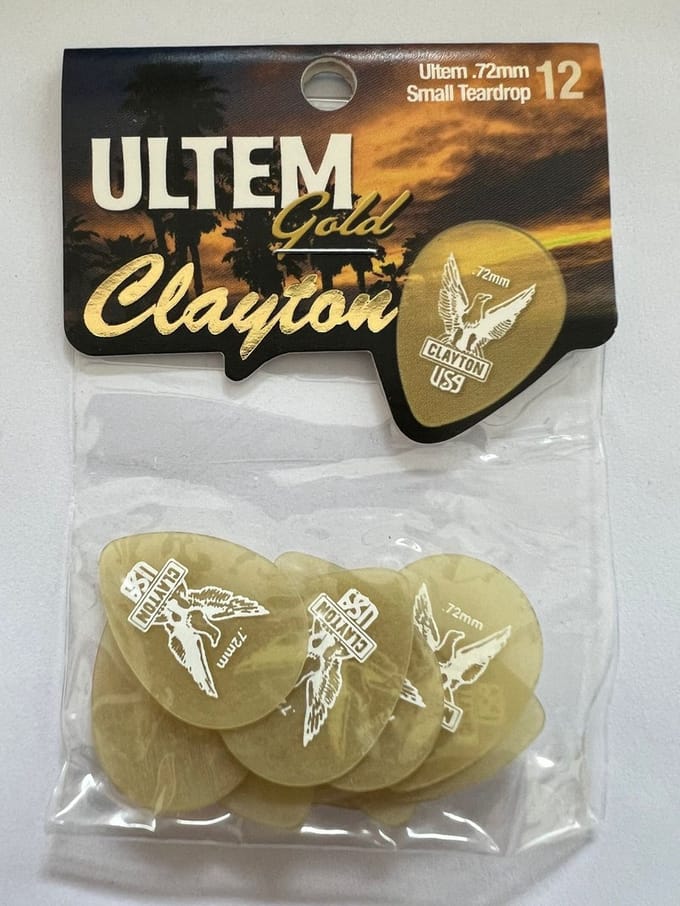 Clayton - Ultem Gold - small teardrop plectrum - 0.72 mm - 12-pack