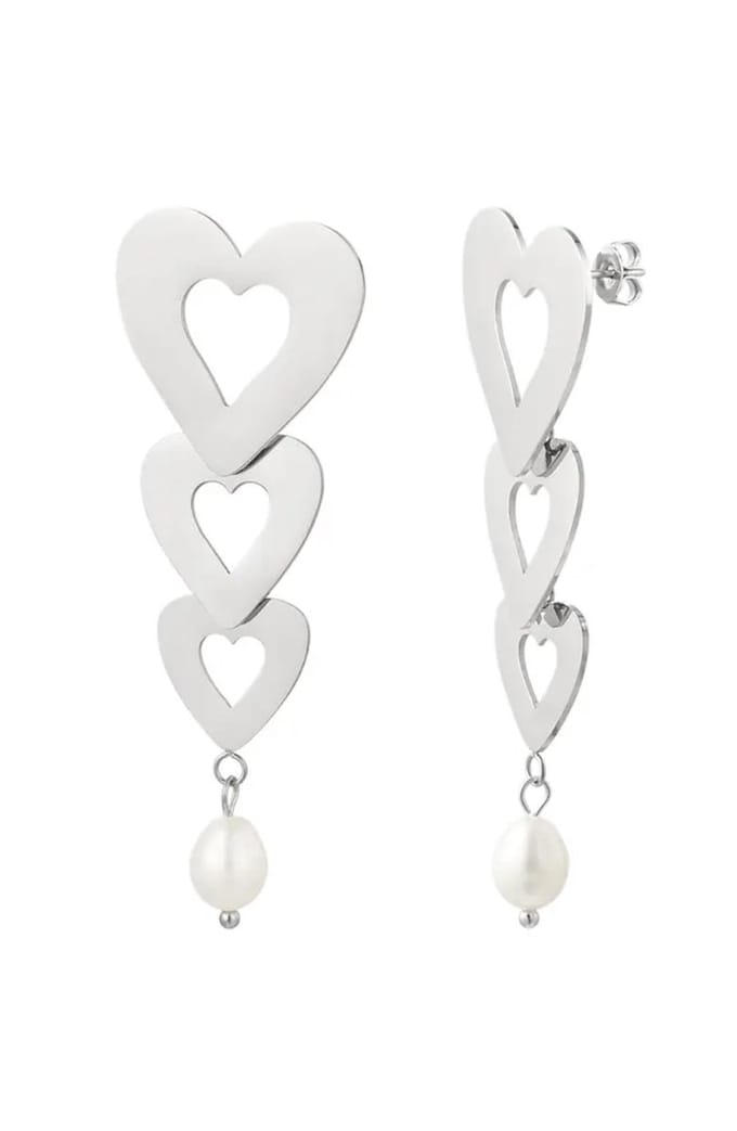 Yehwang - Stainless Steel Oorbellen - Drie Hartjes - Parel - Zilverkleurig