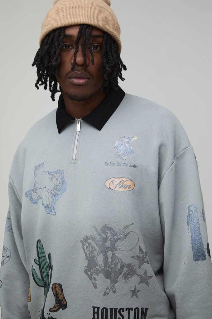 Lange Oversized Western Bedrukte Rugby Sweatshirt met Badge | Grey | Size Small