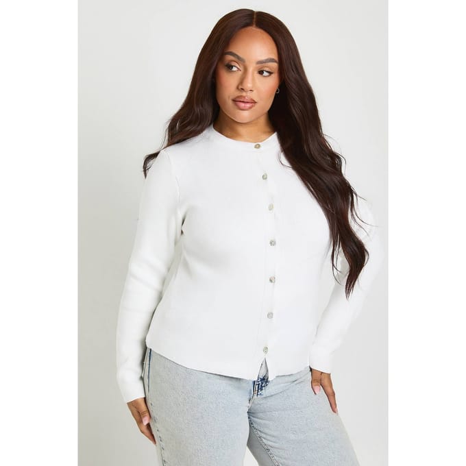 boohoo Dames Plus Getailleerd Dichtgeknoopt Compact Gebreid Vest | White | Maat: 20-22