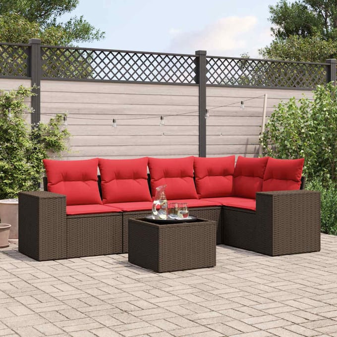 vidaXL - 6-delige - tuinbankset - met - kussens, - bruin - polyrotan