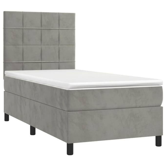 vidaXL - Boxspring - met - matras - en - LED - fluweel - lichtgrijs - 90x200 - cm