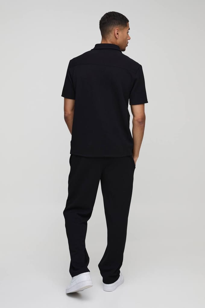 Short Sleeve Jersey Herringbone Shirt & Trouser Set | Black | Size Medium