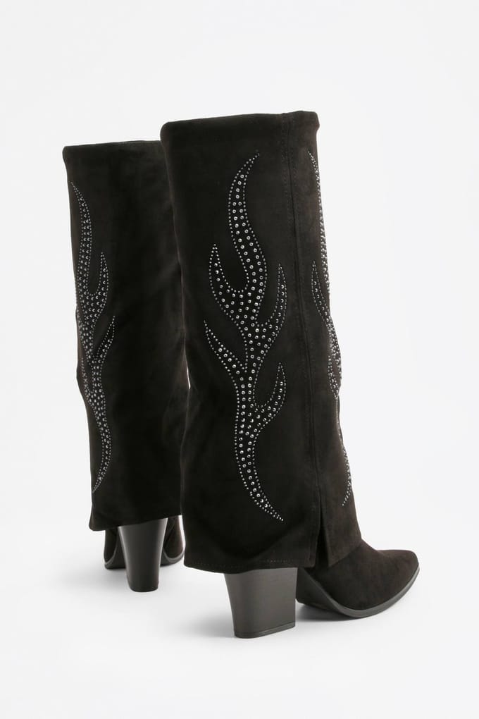 boohoo Dames Western gedetailleerde omgeslagen laars | Black | Maat: 3