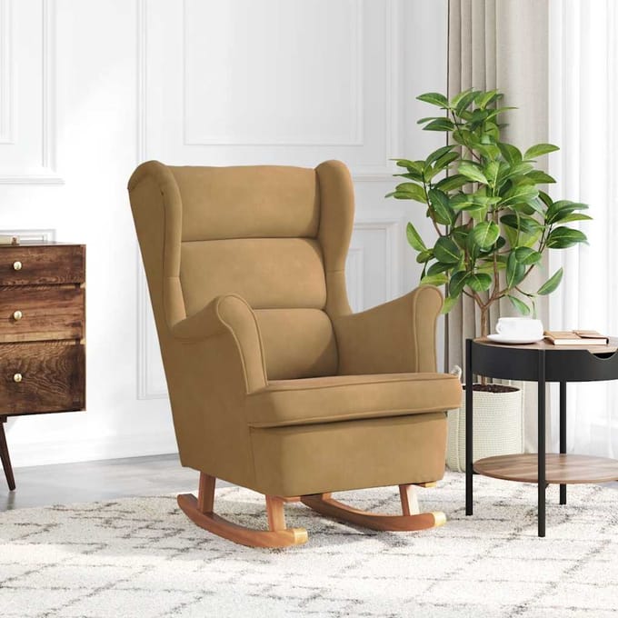 vidaXL - Schommelstoel - met - oorleuning - bruin - fluweel - massief - hout