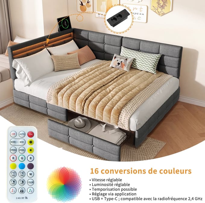 Upholstered sofa bed, 140x190 cm, with LED light and USB port, storage bed frame, two drawers, double bed, youth bed, linen fabric,grijs