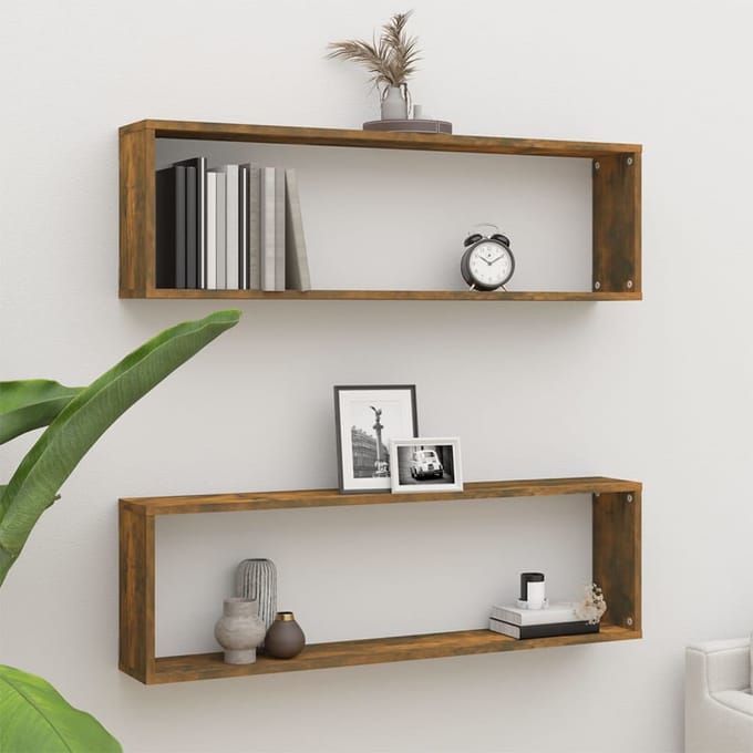 vidaXL - Wandschappen - kubus - 2 - st - 100x15x30 - cm - bewerkt - hout - gerookt - eiken