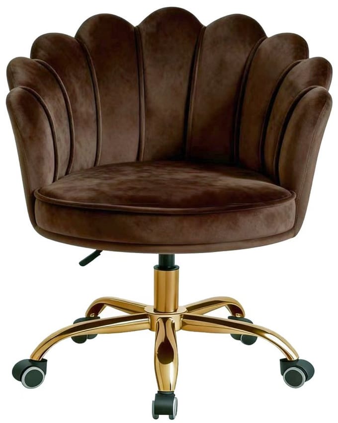 Russle Velvet Shell Bureaustoel Donkerbruin met Goudkleurig onderstel - Fluweel - Schelp - Beauty - Salon - Studeren - Slaapkamer - Kaptafel - Visagie - Kapper - Trendy - Verrijdbaar - Verstelbaar