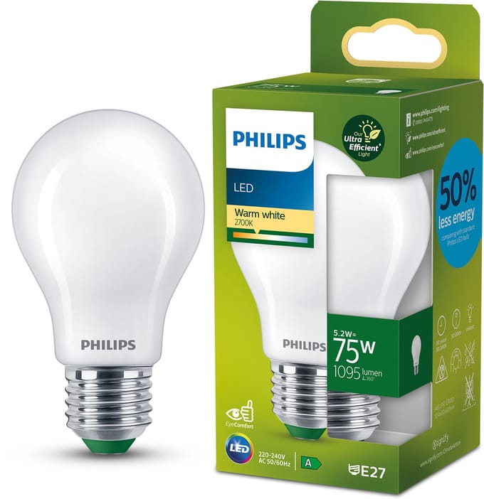 Philips UltraEfficient LED lamp - Mat - 75W - E27 fitting - Warmwit licht: 2700K - Bespaar op energiekosten