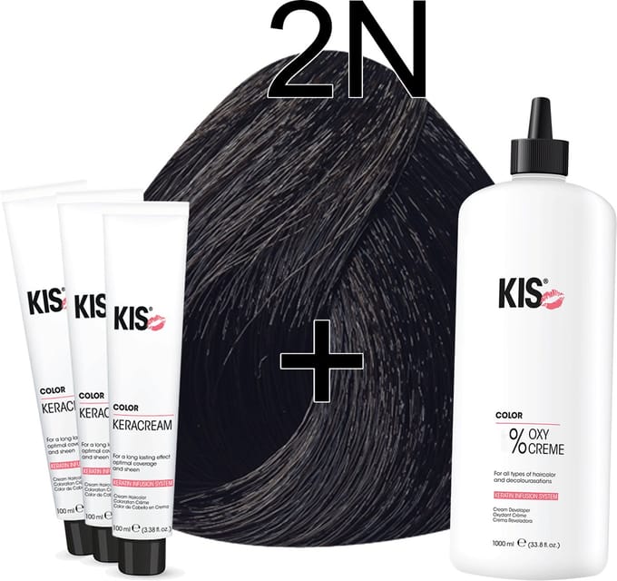 Kis KeraCream Color - 100ml - Haarverf Set - 2N Bruin | KIS - (3 x haarverf & 1L waterstofperoxide)