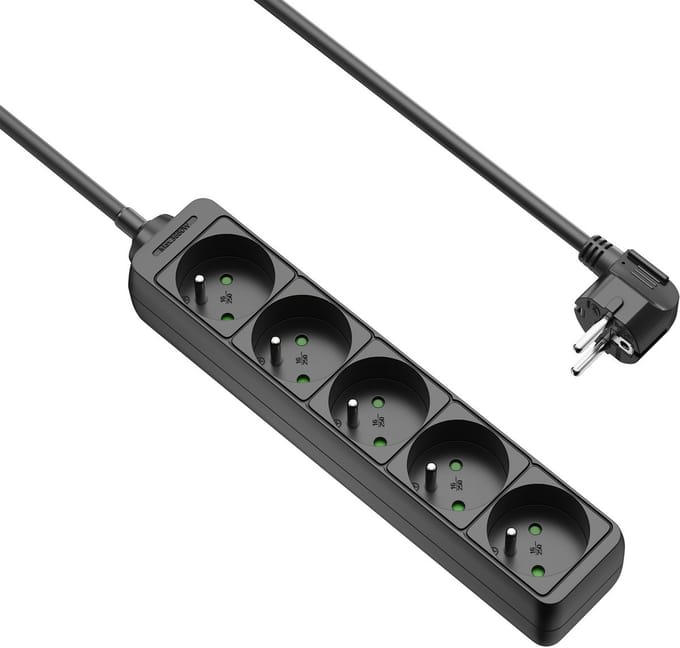 Allteq - Stekkerdoos met penaarde - 5-voudig - 5 meter - Zwart