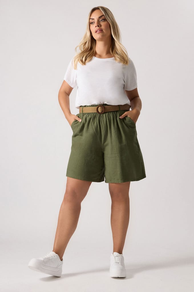 Yours Short Van Linnenmix Met Geweven Riem In Kakigroen Size 58-60