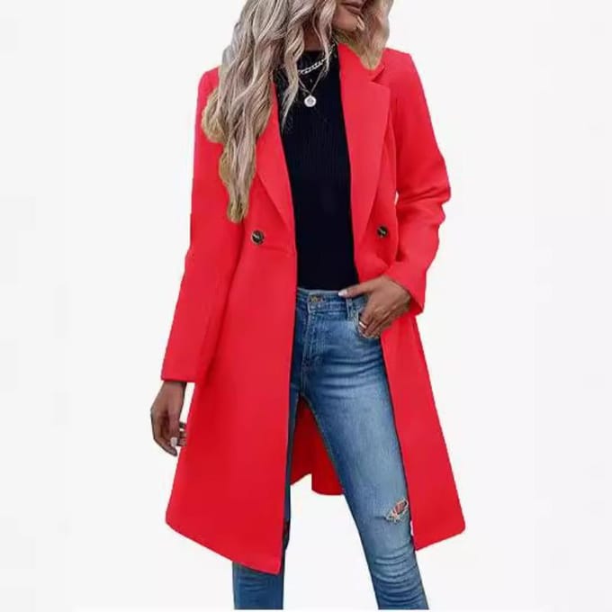 Lange wollen damesjas voor herfst en winter met taille vetersluiting en double-breasted jas XL pink