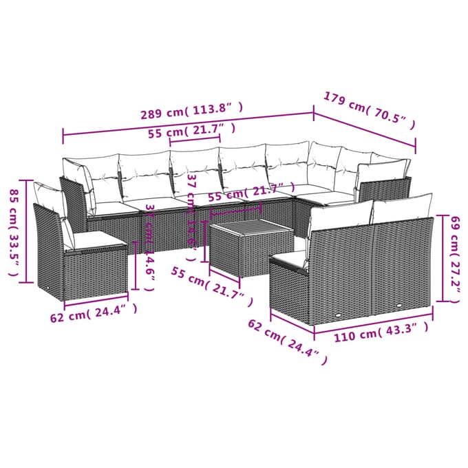 vidaXL - 11-delige - Loungeset - met - kussens - poly - rattan - grijs