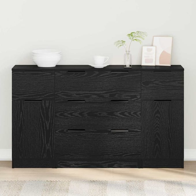 vidaXL - Dressoir - 3 - st - Zwart - Eiken - 121 - x - 30 - x - 70 - cm - Bewerkt - hout