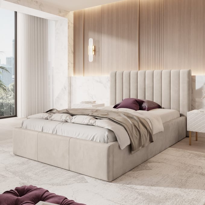Meubella - Tweepersoonsbed Chief - Beige - Velvet - 140x200 cm