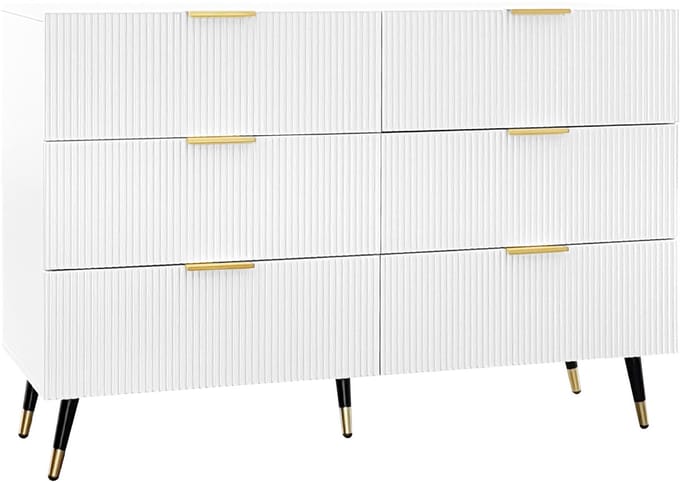 Ladekast – Dressoir Spaanplaat met 6 Geribbelde Laden en Goud - Wit