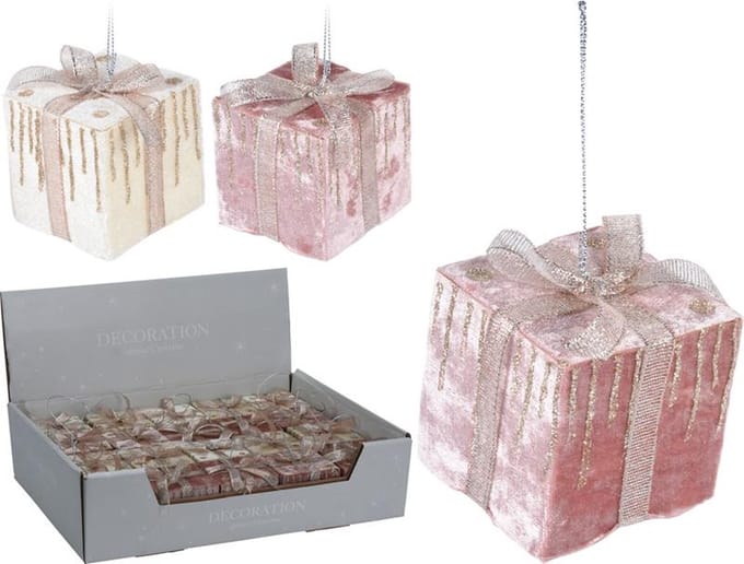 Hangdeco kadootje velours 7cm roze (1 stuk) assorti