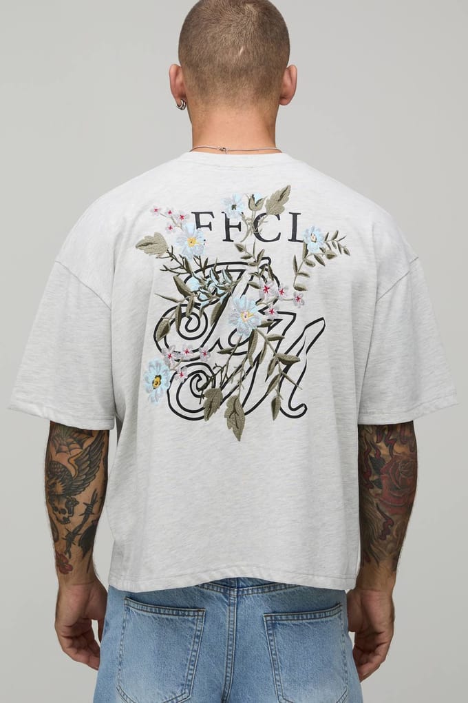 Oversized Boxy Heavyweight T-shirt Met Geborduurd Bloemenpatroon | Grey Marl | Size Medium